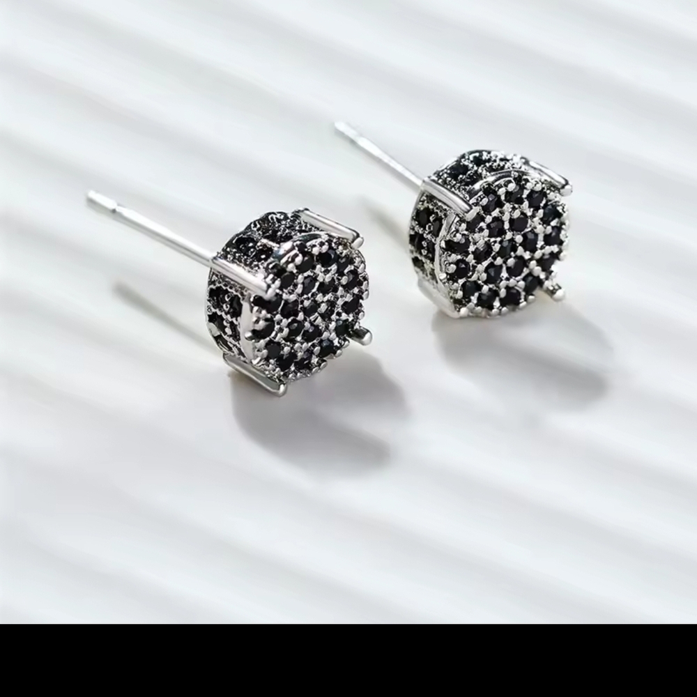 White Gold and Black Zirconia Stone Stud Minimalist Earrings